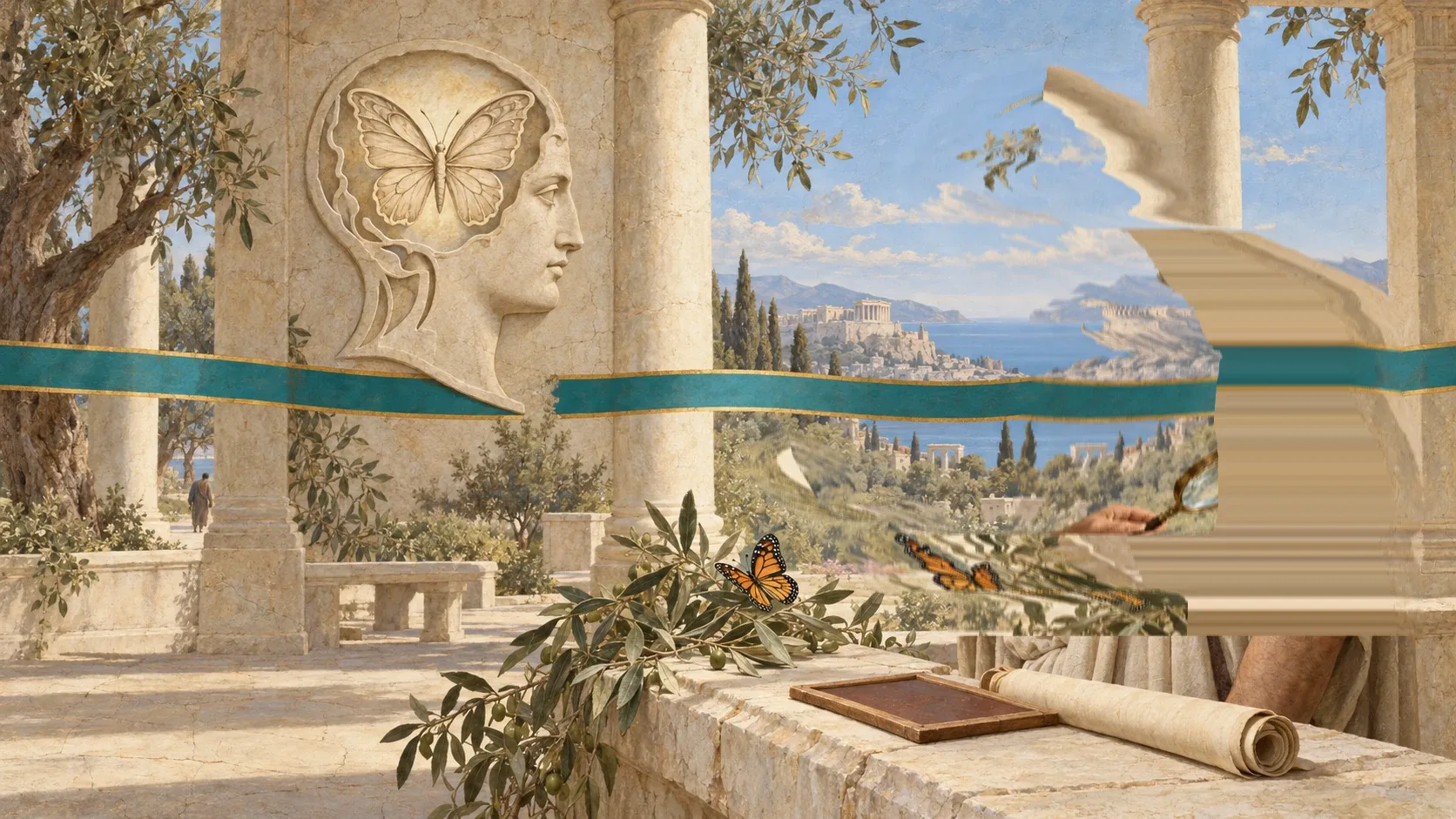 On a colonnaded ancient terrace, an old bearded man examines a butterfly resting on an olive branch through a magnifying glass. On the left is a stone relief of a human head in profile, with a butterfly inside it standing for the mind. A turquoise ribbon with gold edges crosses the scene from left to right. In front lie a writing tablet and a scroll; behind, an ancient city by the sea.