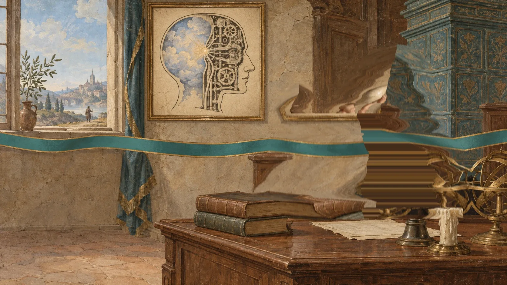 In a study, a man with long hair, a moustache and 17th-century clothes gazes thoughtfully at a small sphere in his hand. A framed picture on the wall shows a human head in profile, half made of clouds and half of gears. A turquoise ribbon with gold edges runs across the room. On the desk are books, a quill, a candle and a celestial globe; a coastal town is visible through the window.