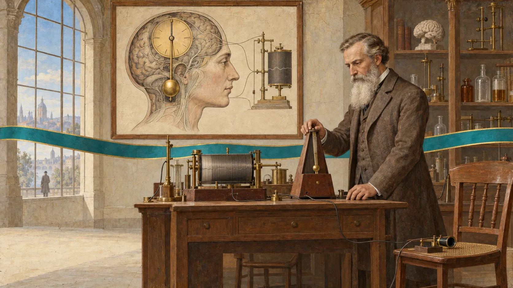 In a laboratory, a man with a white beard holds the top of a metronome on the table. A large chart on the wall shows a human head in profile, with a clock face and pendulum over the brain, wired to a measuring device beside it. A turquoise ribbon with gold edges crosses the room. Brass measuring instruments stand on the table; behind are shelves of bottles and a city seen through a large window.