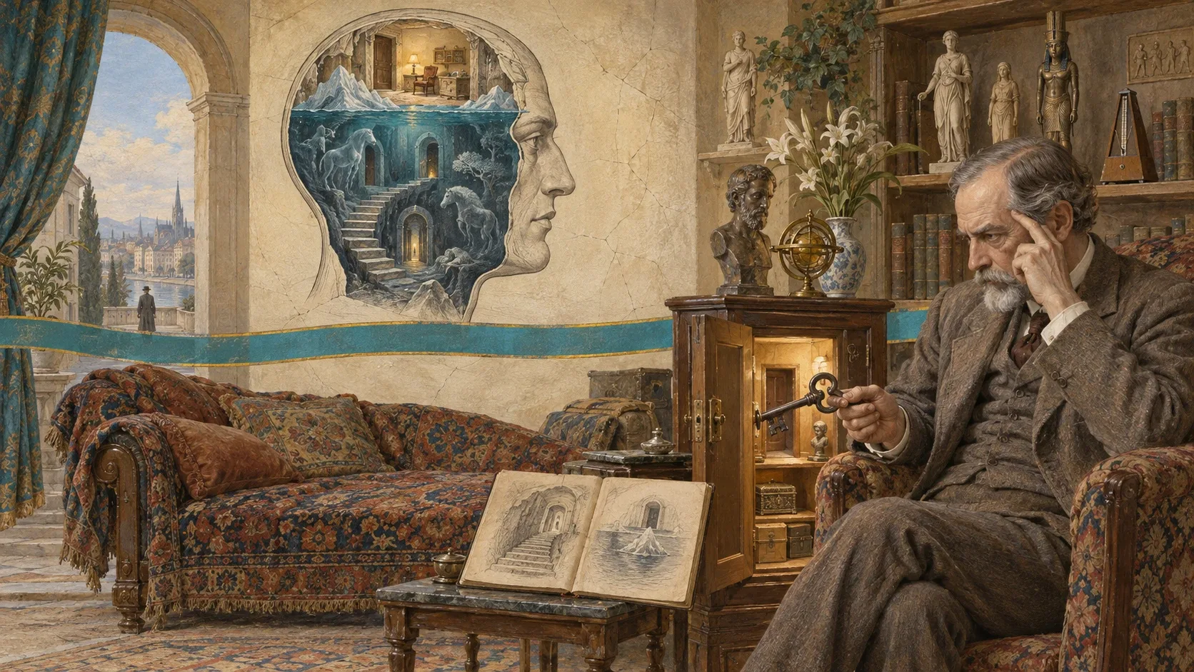 In a carpeted study, an old man with a grey beard sits in an armchair, one hand resting on his temple, the other holding a key out towards the door of a small cabinet. On the wall is a human head in profile, with stairs and rooms descending below the surface inside it. A turquoise ribbon with gold edges crosses the room. In front are a couch and an open book with drawings of stairs; small statuettes stand on the shelves.