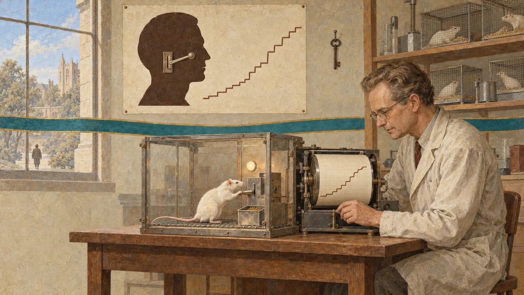 In a laboratory, a man in glasses and a white coat works at a recording device beside a glass experiment box, inside which a white rat reaches for a small lever. A chart on the wall shows a dark silhouette of a human head with a lever inside it and, beside it, a line rising step by step. A turquoise ribbon with gold edges runs along the wall. Rat cages sit on the shelves; trees and a tower are visible through the window.