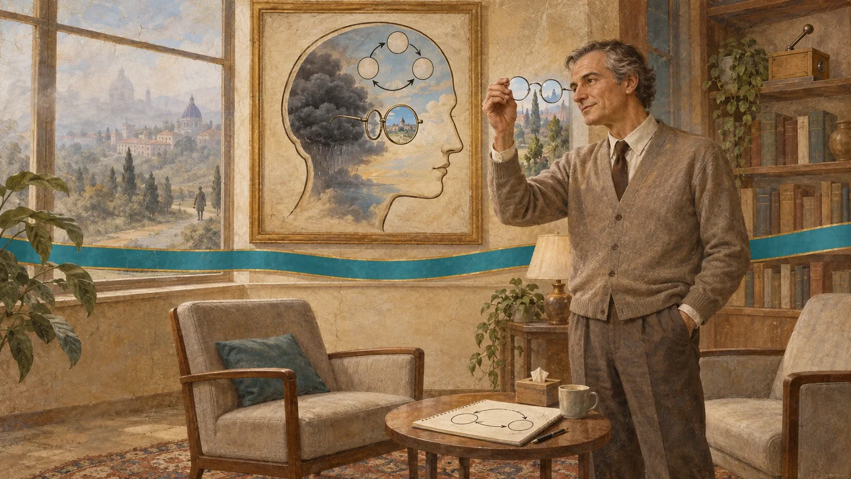 In a warm consulting room lined with books, a man in a cardigan stands holding up a pair of glasses and looking at them. A painting on the wall shows a human head in profile, with four circles linked by arrows and a bright landscape seen through the lens of a pair of glasses inside it. A turquoise ribbon with gold edges crosses the room. In front are two armchairs; on the table lie a notebook with linked circles drawn on it and a cup.