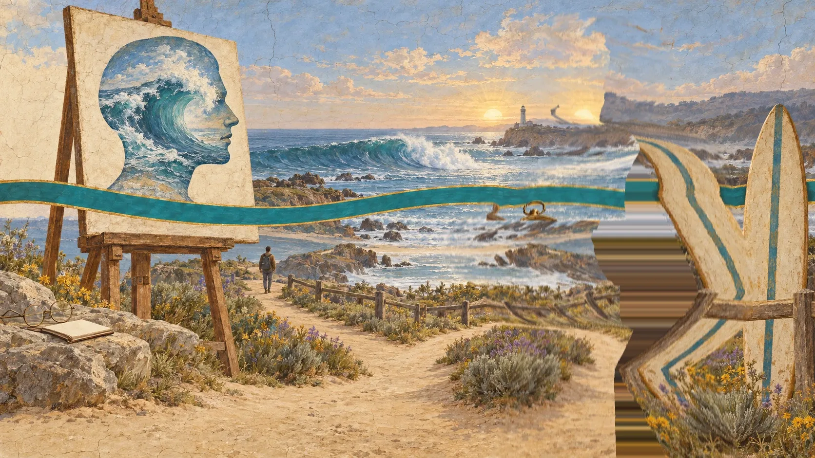 At the start of a coastal path, a young man in a brown jacket holds a compass and looks towards the horizon. On the left, a painting on an easel shows a human head in profile with a large wave curling inside it. A turquoise ribbon with gold edges stretches across the landscape. A walker heads away along the path; behind are a lighthouse and a low sun, and on the right stands a surfboard.
