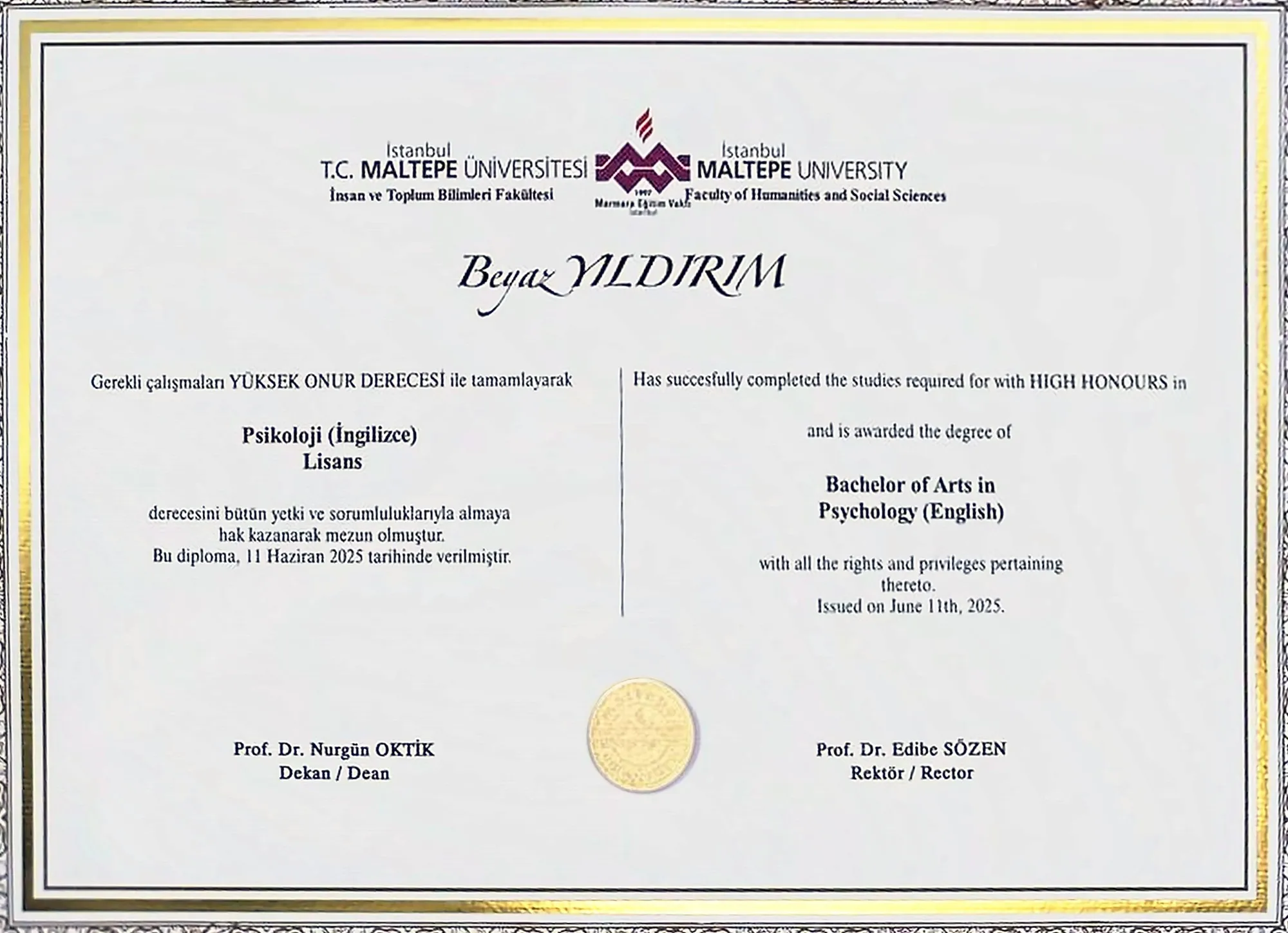 Diploma, Istanbul Maltepe University, Bachelor of Arts in Psychology (English)